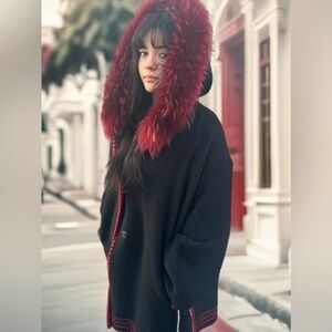 Italian alpaca dyed black & dyed red real  fox trim around hood of coat. Hand …